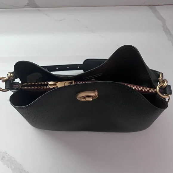 Coach Willow Shoulder Bag Black Pebble Leather Turnlock Matte Gold + Strap - Picture 6 of 16